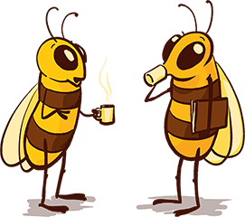  Una ilustración de dos abejas charlando con un cafe 