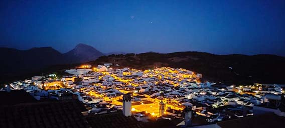 The beautiful white village Prado del Rey at night