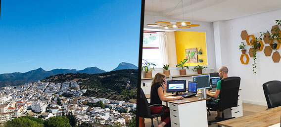 Collage de un hermoso pueblo blanco español y un espacio de coworking rural