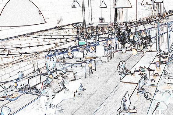 Types of coworking. A drawing of several people working in a coworking space
